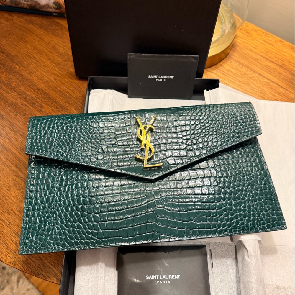 Yves Saint Laurent Uptown Pouch Crocodile Embossed Clutch- Dark Green